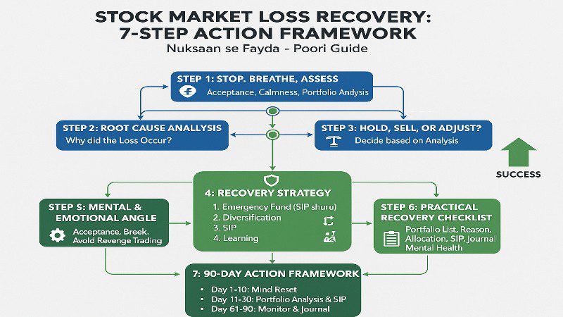 Stock Market Loss Recovery – ek investor success ki taraf badhta hua, showing 7 Proven Steps for Beginners aur “Nuksaan se Fayda” guide.