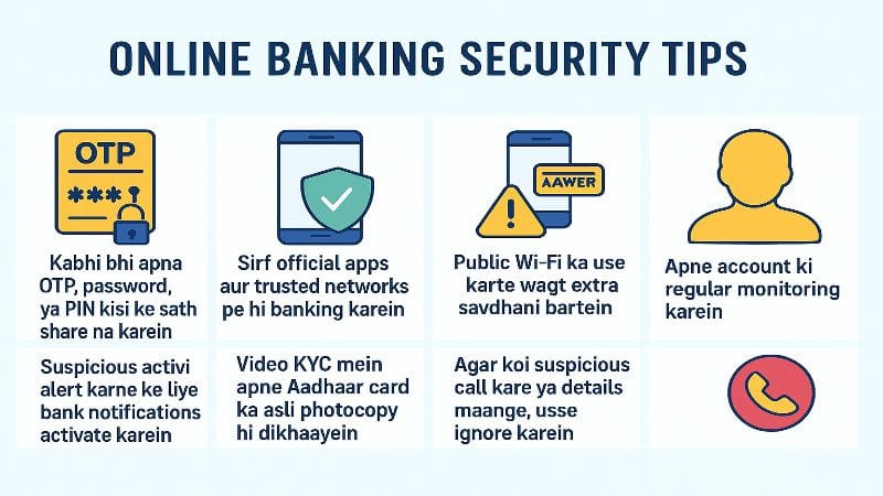 “Online Banking Security Tips” in Hindi showing 8 safety tips with icons — protect OTP/PIN, use trusted apps, avoid public Wi-Fi, monitor account, enable alerts, verify KYC, and ignore suspicious calls.