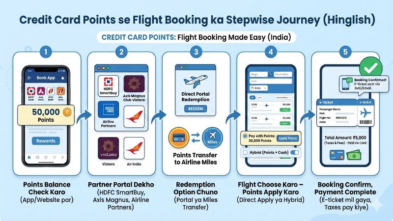 Credit Card Points Flight Booking showing a credit card, airplane, and reward points.