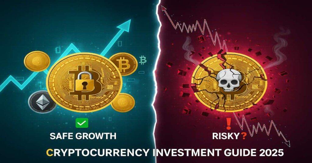Cryptocurrency Investment Guide 2025 – Bitcoin aur Ethereum ke sath safe aur risky crypto investments ka concept, blockchain technology aur future financial growth chart ke sath.