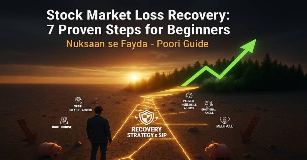 Stock Market Loss Recovery – ek investor success ki taraf badhta hua, showing 7 Proven Steps for Beginners aur “Nuksaan se Fayda” guide.