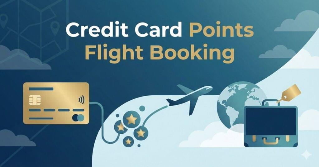 Credit Card Points Flight Booking showing a credit card, airplane, and reward points.